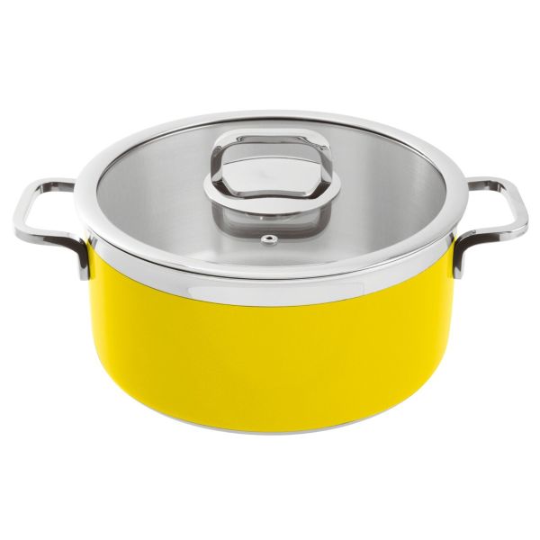 Round saucepan with 2 handles and lid painted yellow