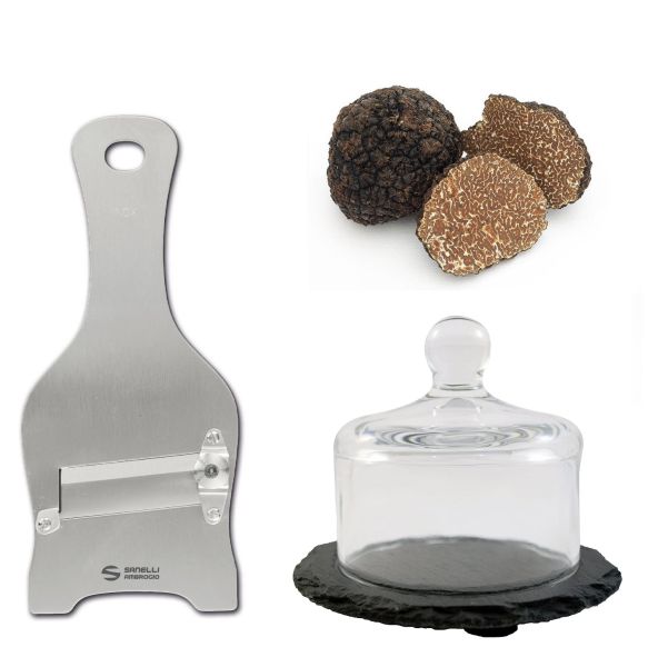 Truffle set: Stainless steel truffle slicer and glass and slate truffle holder