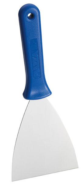 Rigid triangular stainless steel spatula with blue handle