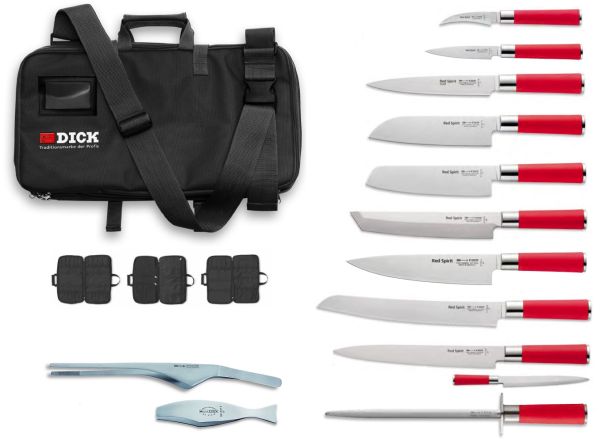 Culinary Bag Case containing 9 knives series Red Spirit Dick, Dick Sharpener and Pliers