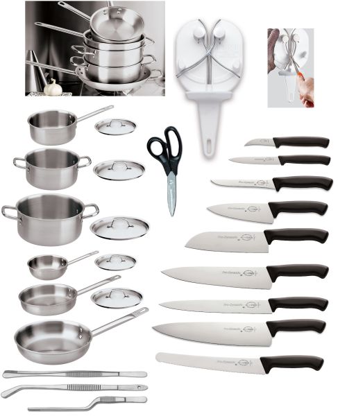 Set Base allestimento cucina: 6 Pentole+5 coperchi, 9 Coltelli, Affilatoio, Pinze e Forbice