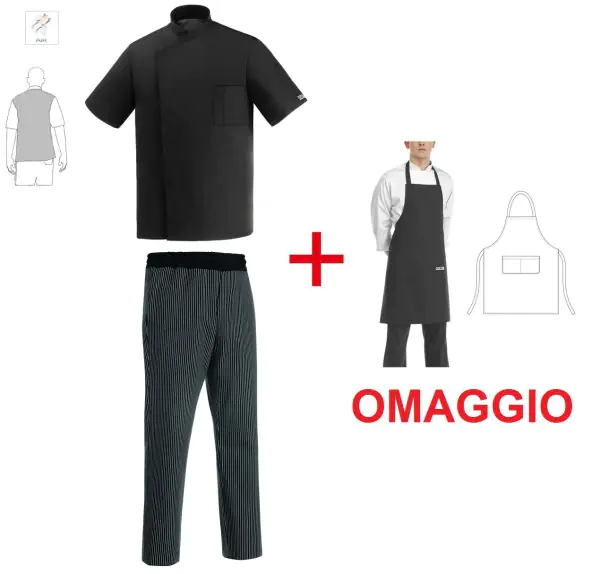 Completo Giacca da cuoco NERA e pantalone GESSATO + grembiule in OMAGGIO