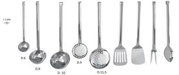 Set 9 elementi: mestoli, schiumarole, spatole, forchettone e cucchiaio per cucina in acciaio inox