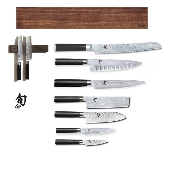 Set di 7 coltelli damascati Kai Shun Classic e barra magnetica in noce di Kai