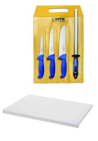 Perfect butcher: 3 knives 1 steel 1 chopping board