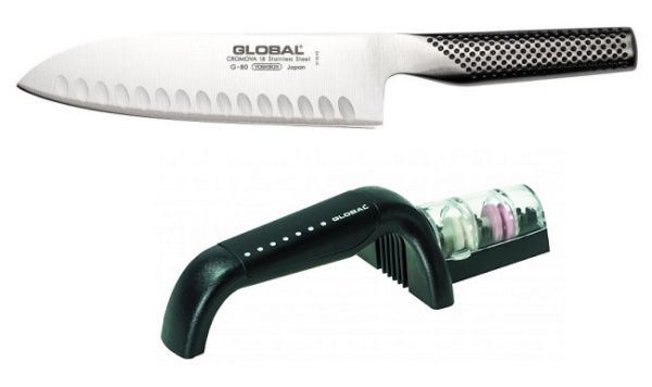 Ensemble Asiatique: Couteau Santoku avec alvéole de Global et Aiguiseur Minosharp