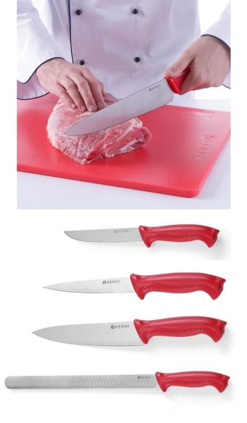 Set viande crue: planche à découper + 4 couteaux manche rouge HACCP