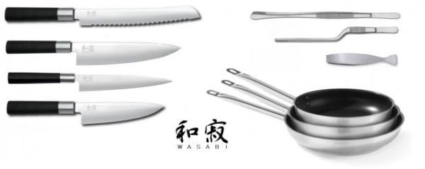 Professional Kitchen Set 10 pieces: 4 Japanese knives + 3 stainless steel pans + 3 tongs 