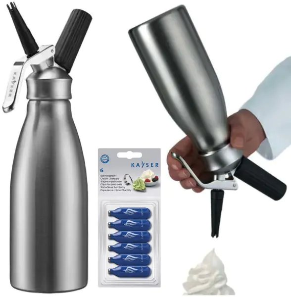 Sifone professionale WHIP-Creamer 0,5 litri in acciaio inox di Kayser + 6 cartucce