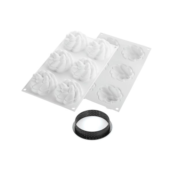 Stampi in silicone Kit Tarte Ring Fleur Ø 80 mm di Silikomart Professional.