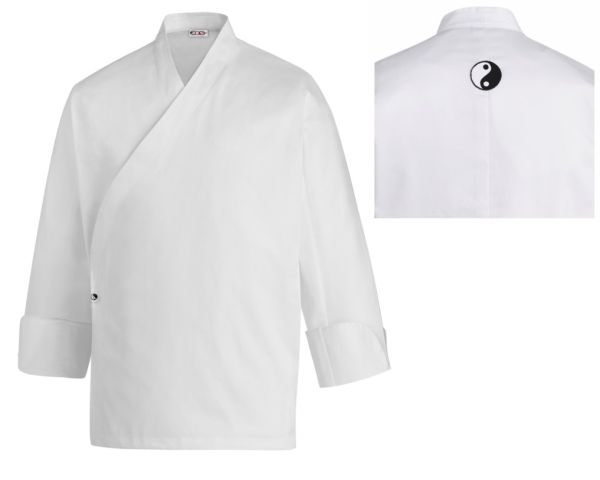 Giacca cuoco Sushi White con bottone estraibile e patch Ying Yang sulla schiena di Egochef