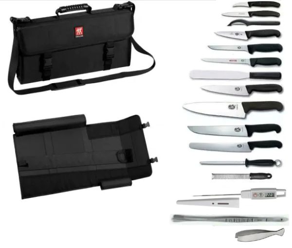 Chef's roll bag professional with Victorinox knives, Microplane and Thermometer